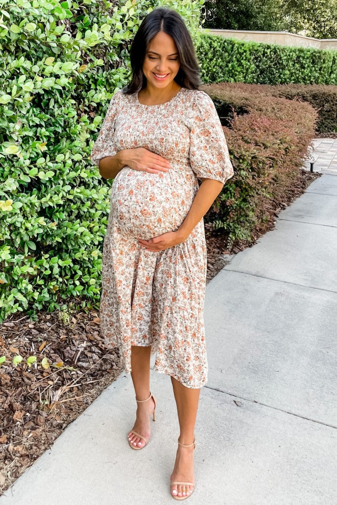 Taupe Floral Smocked Tiered Maternity Midi Dress