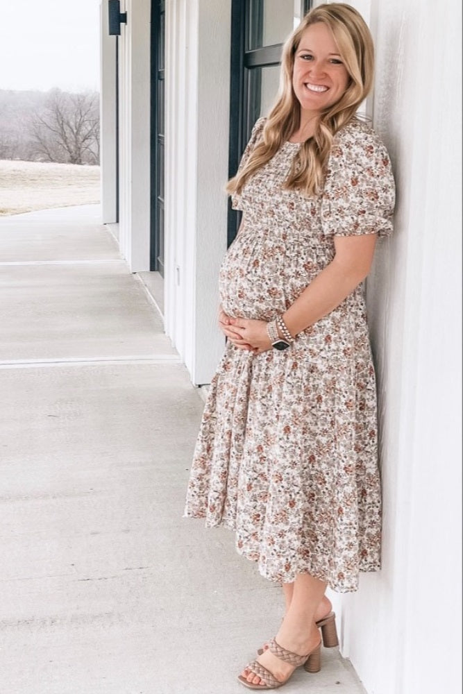 Taupe Floral Smocked Tiered Maternity Midi Dress