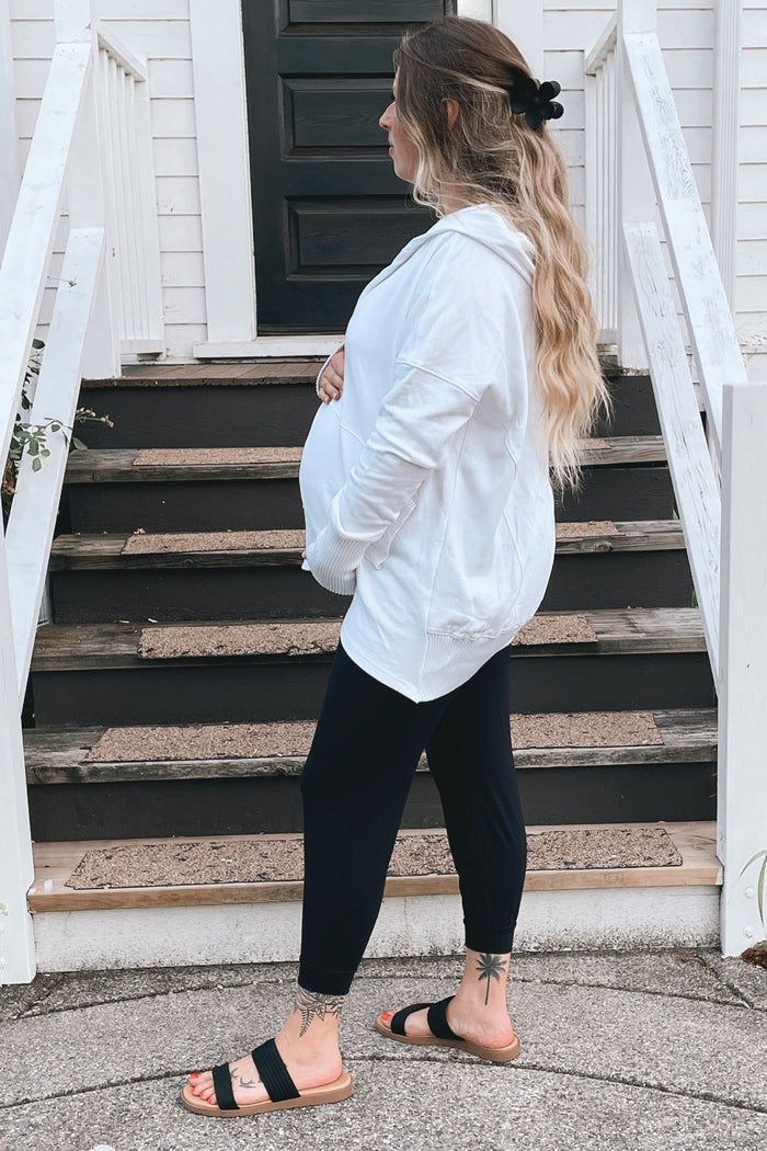 White Button Front Ribbed Trim Hooded Maternity Sweatshirt