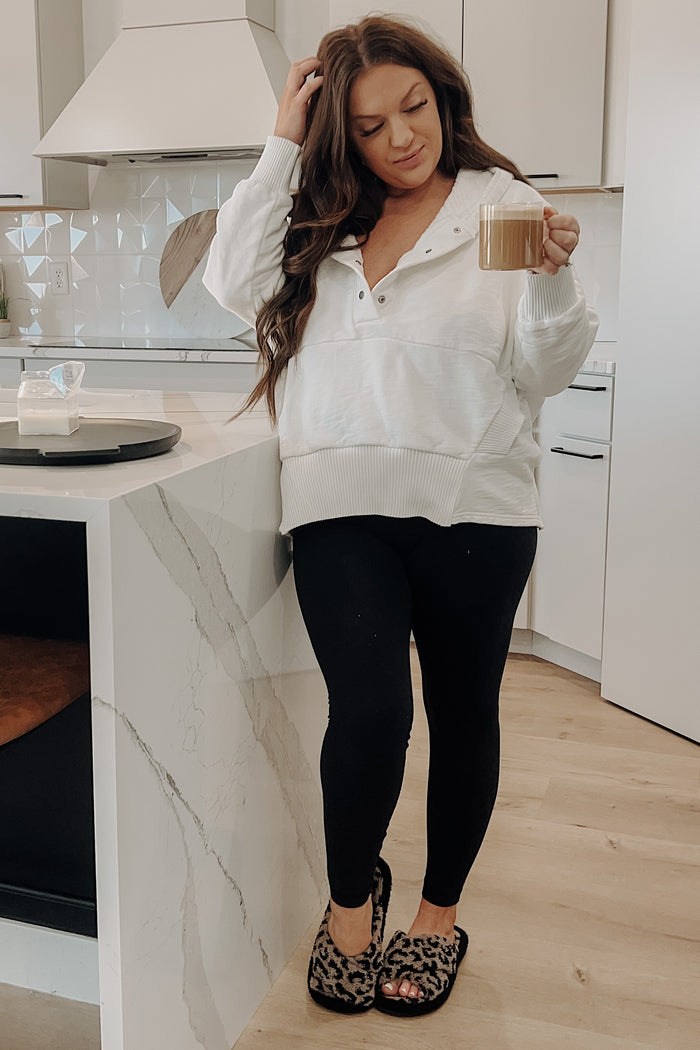 White Button Front Ribbed Trim Hooded Maternity Sweatshirt
