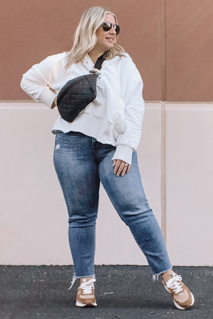White Button Front Ribbed Trim Hooded Sweatshirt
