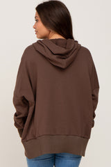 Brown Button Front Ribbed Trim Hooded Maternity Sweatshirt