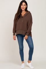 Brown Button Front Ribbed Trim Hooded Sweatshirt