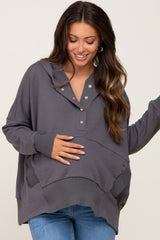 Charcoal Button Front Ribbed Trim Hooded Maternity Sweatshirt