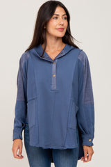 Blue Soft Mixed Knit Button Front Hooded Maternity Top