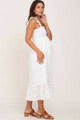 White Smocked Textured Maternity Midi Dress