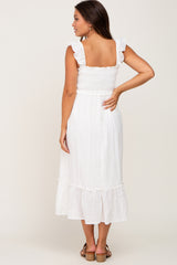 White Smocked Textured Maternity Midi Dress