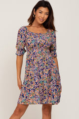 Navy Floral Cinched Short Sleeve Maternity Dress