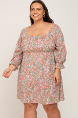 Light Olive Floral Bubble Sleeve Plus Dress