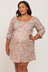 Light Olive Floral Bubble Sleeve Maternity Plus Dress