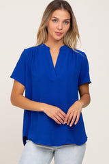 Blue Short Sleeve V-Neck Blouse