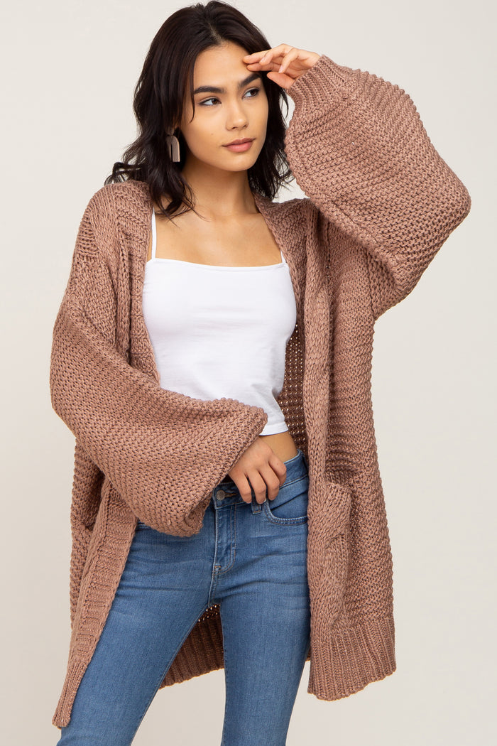 Brown Cable Knit Front Pocket Maternity Cardigan