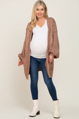 Brown Cable Knit Front Pocket Maternity Cardigan