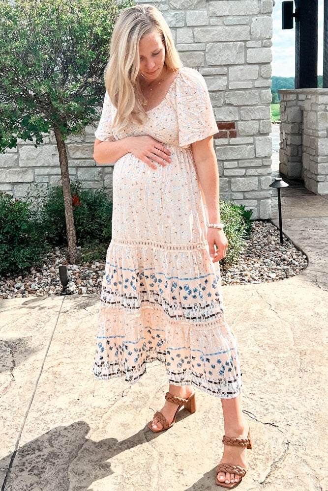 Light Pink Printed Smocked Maternity Midi Dress