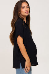 Black Collared Button-Down Short Sleeve Maternity Blouse