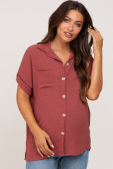 Burgundy Collared Button-Down Short Sleeve Maternity Blouse