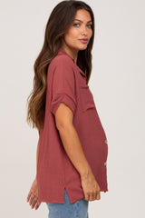 Burgundy Collared Button-Down Short Sleeve Maternity Blouse