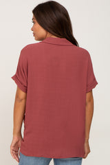 Burgundy Collared Button-Down Short Sleeve Maternity Blouse