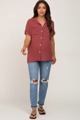 Burgundy Collared Button-Down Short Sleeve Maternity Blouse