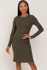 Olive Ribbed Basic Long Sleeve Dress