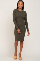 Olive Ribbed Basic Long Sleeve Dress