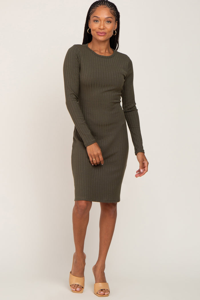 Olive Ribbed Basic Long Sleeve Dress