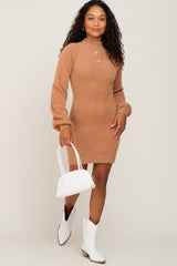 Camel Fuzzy Knit Puff Sleeve Sweater Dress