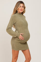 Olive Fuzzy Knit Puff Sleeve Maternity Sweater Dress