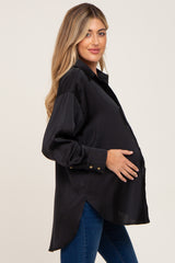 Black Satin Button Up Maternity Blouse