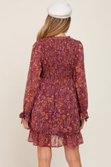 Burgundy Paisley Print Long Sleeve Maternity Dress