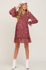 Burgundy Paisley Print Long Sleeve Maternity Dress