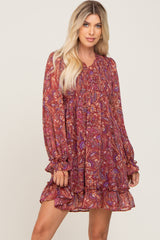 Burgundy Paisley Print Long Sleeve Dress