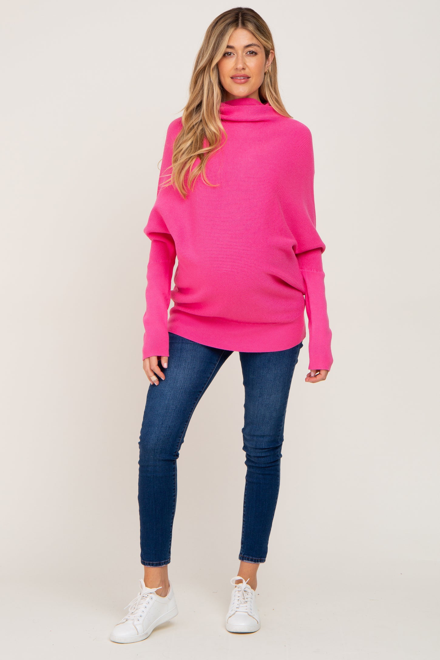 Pink Funnel Neck Dolman Sleeve Maternity Sweater