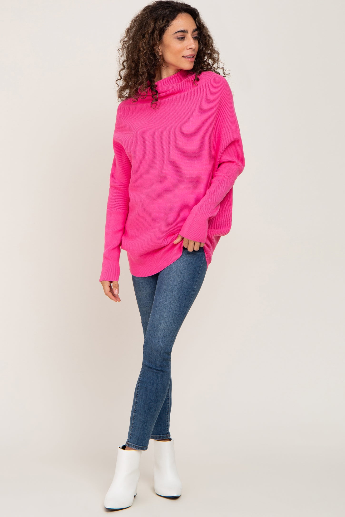 Pink Funnel Neck Dolman Sleeve Sweater
