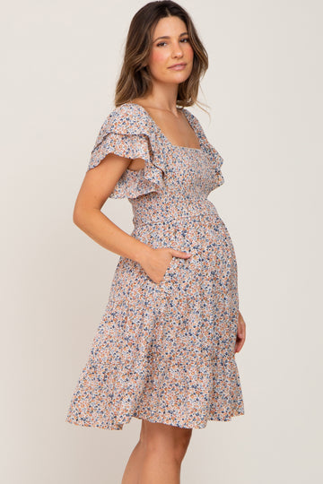 Cream Floral Smocked Tiered Maternity Dress