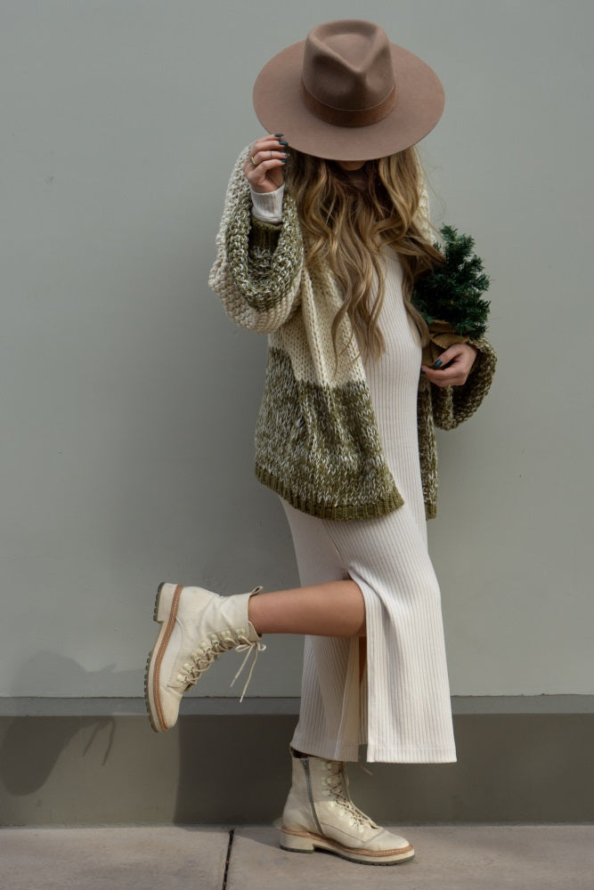 Olive Open Knit Color Block Cardigan