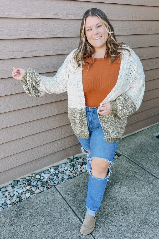 Olive Open Knit Color Block Cardigan
