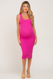 Fuchsia Fitted Knit Maternity Midi Dress