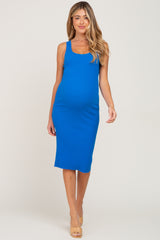 Blue Fitted Knit Maternity Midi Dress