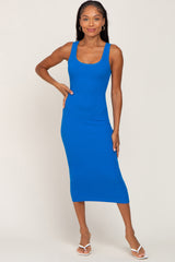 Blue Fitted Knit Maternity Midi Dress