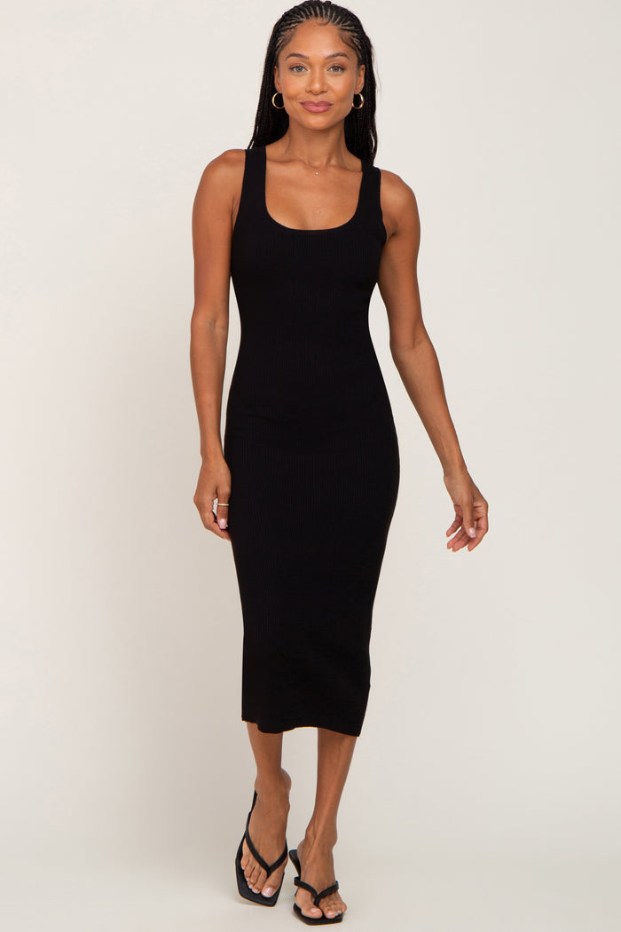 Black Fitted Knit Maternity Midi Dress