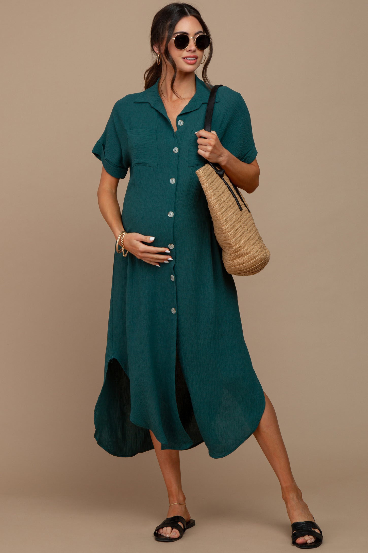 Forest Green Button Down Hi Low Maternity Maxi Dress