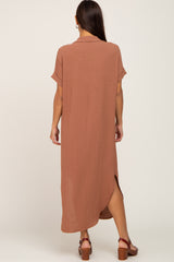 Camel Button Down Hi Low Maternity Maxi Dress