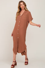 Camel Button Down Hi Low Maternity Maxi Dress