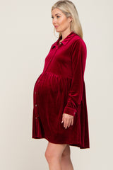 Burgundy Velvet Button Down Maternity Mini Dress