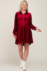 Burgundy Velvet Button Down Maternity Mini Dress