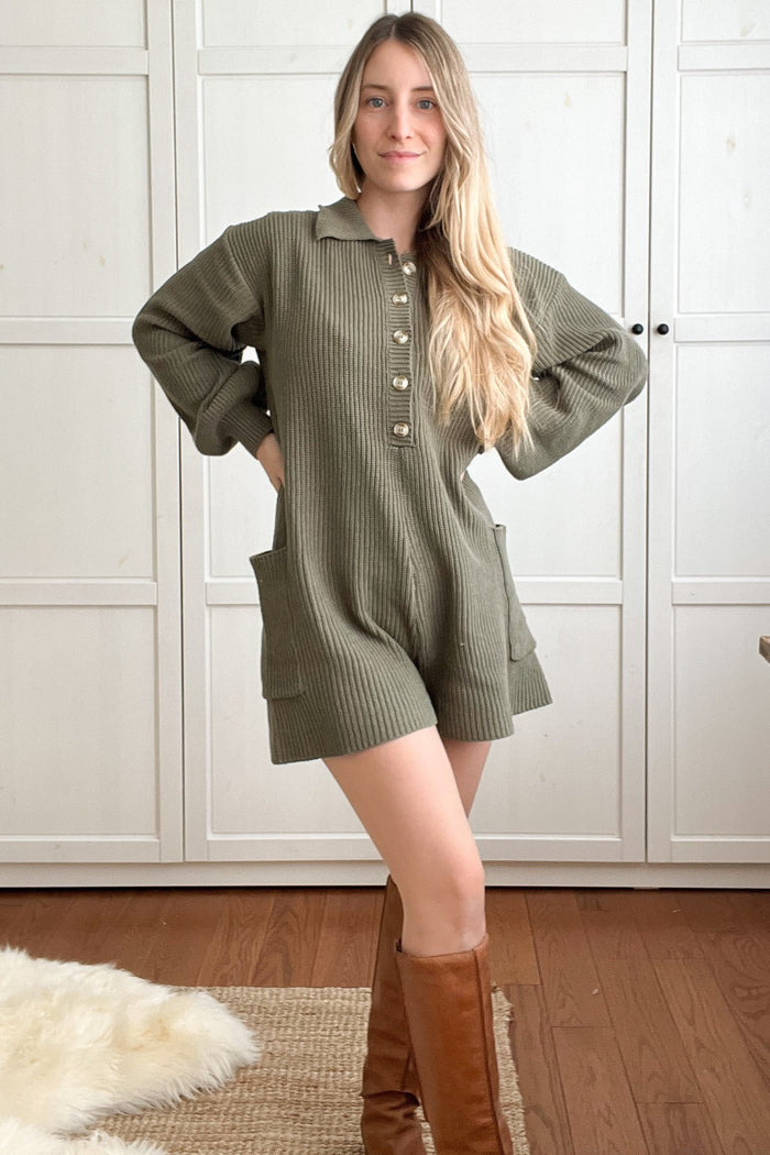 Olive Button Down Sweater Romper