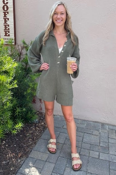Olive Button Down Sweater Romper