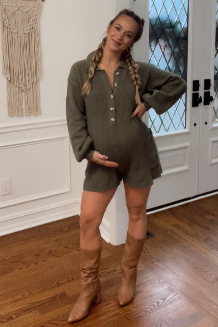 Olive Button Down Maternity Sweater Romper