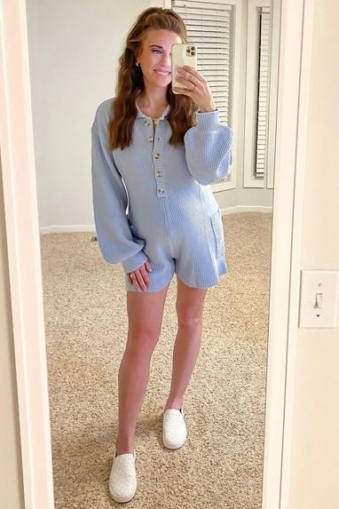 Light Blue Button Down Maternity Sweater Romper